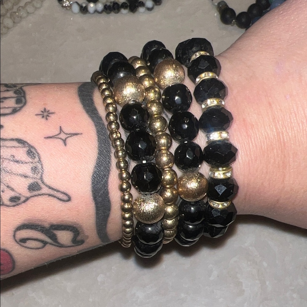 Black and Gold Beaded Bracelet Set